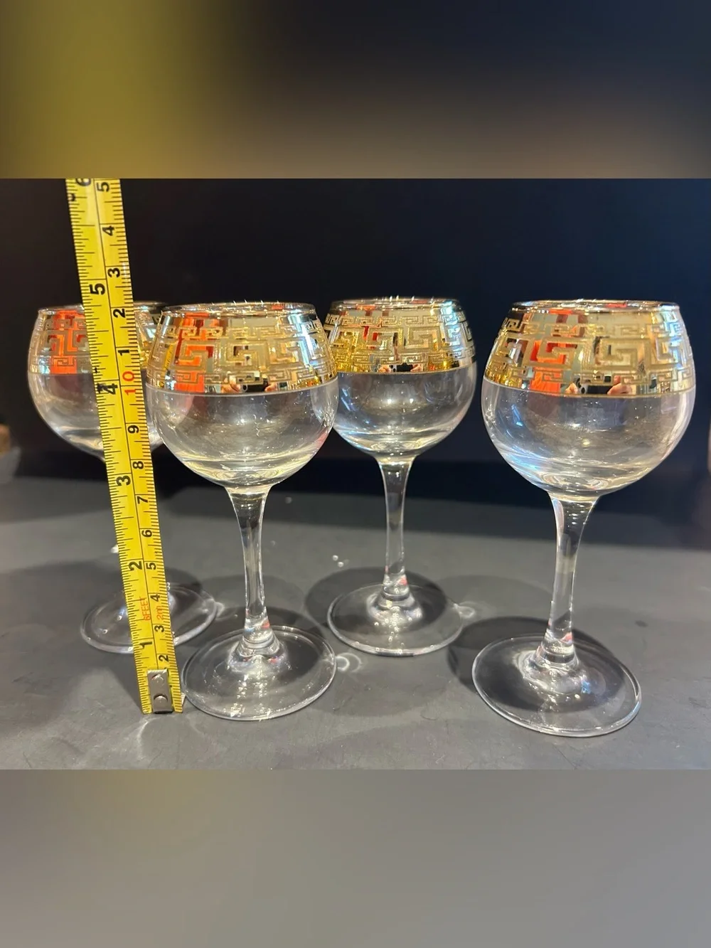 4 Vintage Greek Key Gold Rimmed Cordial Glasses - 4.7”.